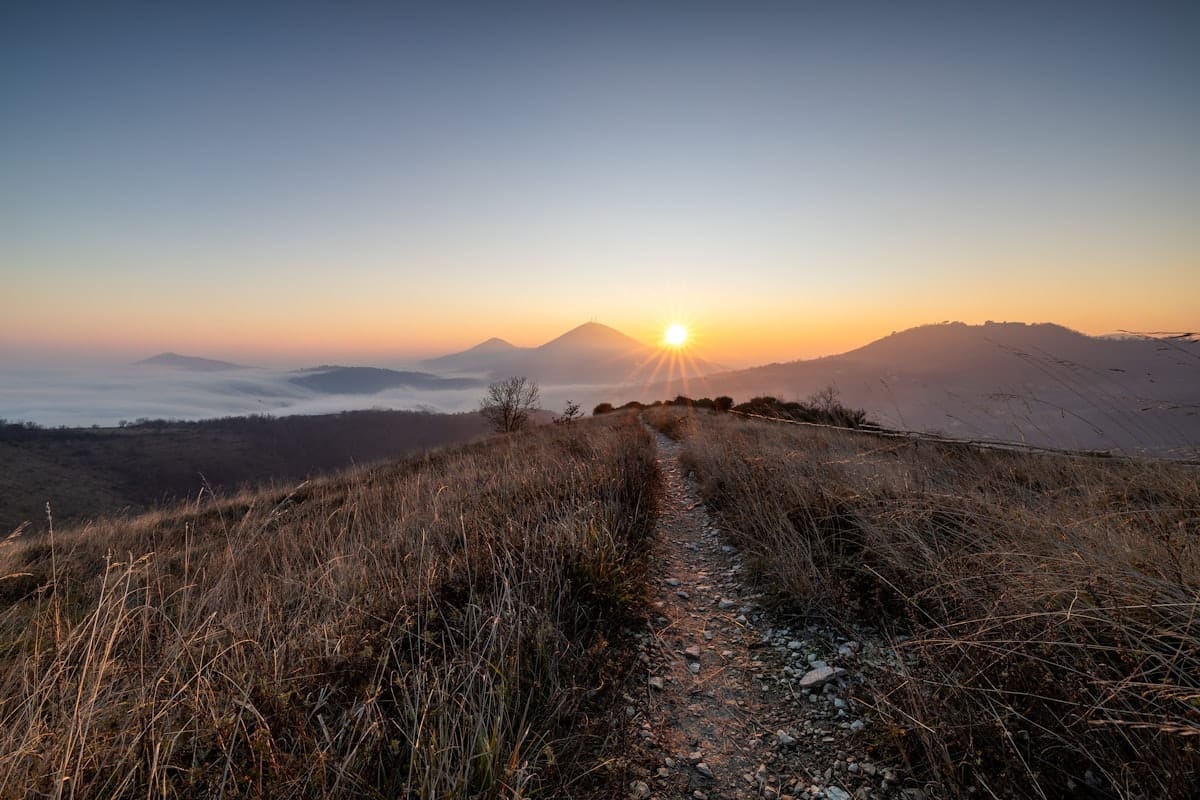 山の朝焼けと一本の道